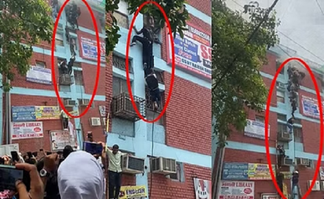 Fire breaks out at coaching centre in Delhi’s Mukherjee Nagar;  students seen escaping out of building