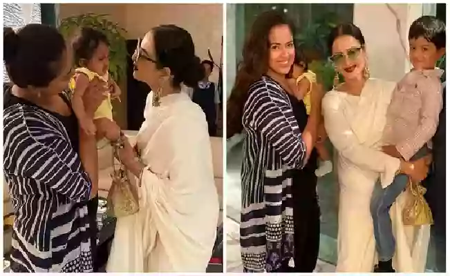 Rekha's heartwarming motherly instincts captured in candid pics with Sameera Reddy's children