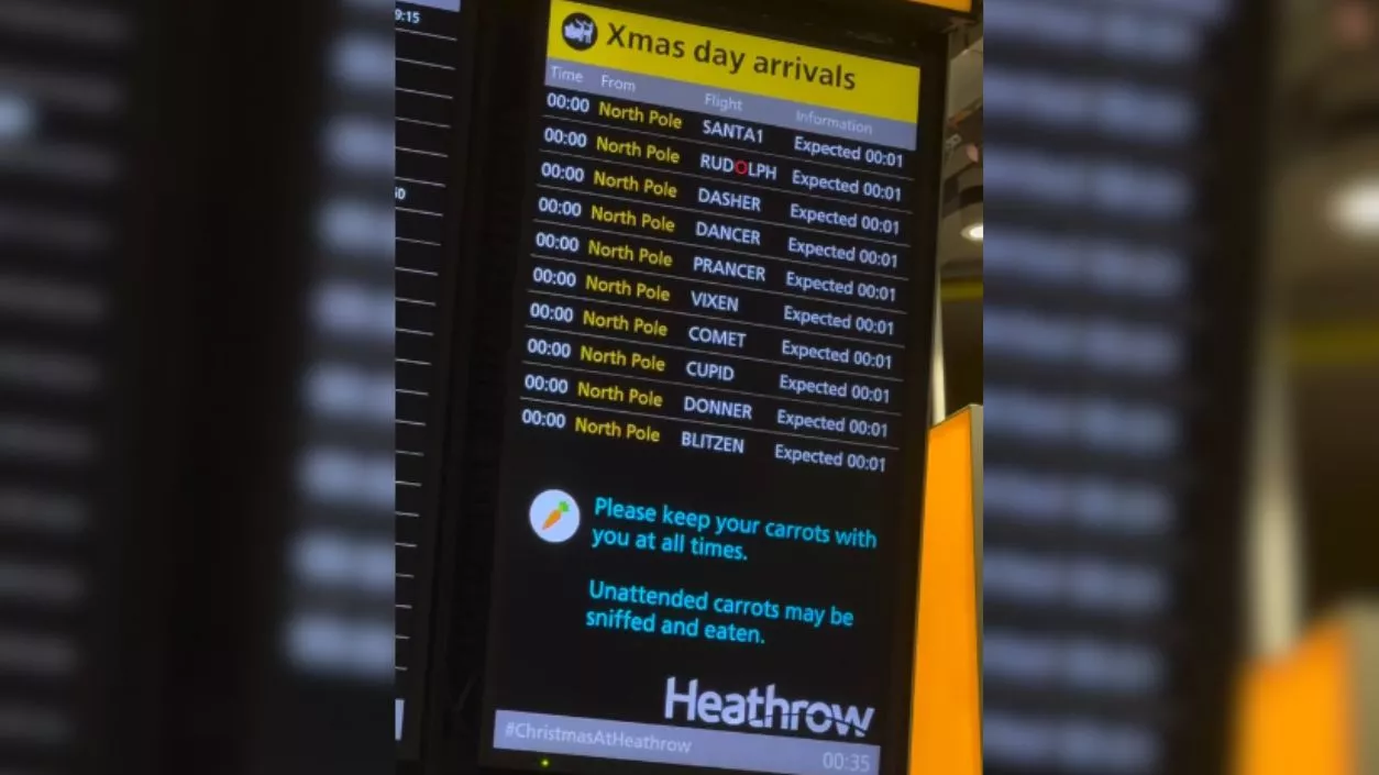 Santa arriving at Heathrow with his reindeers! Airport's arrivals board says 