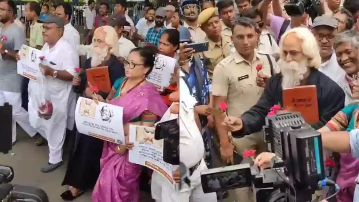 Unemployed teachers continue protest at Bikash Bhavan, bring Tagore's figure to condemn police action