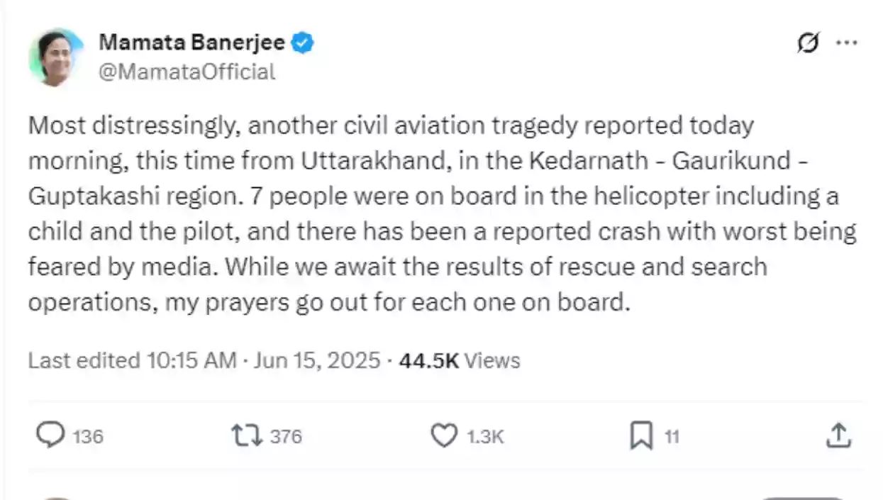 ‘Prayers for every soul on board’: Mamata Banerjee mourns Kedarnath chopper crash
