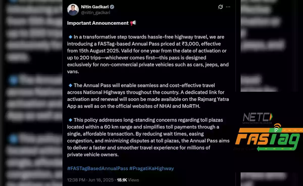 Gadkari unveils ₹3,000 annual FASTag pass for private vehicles
