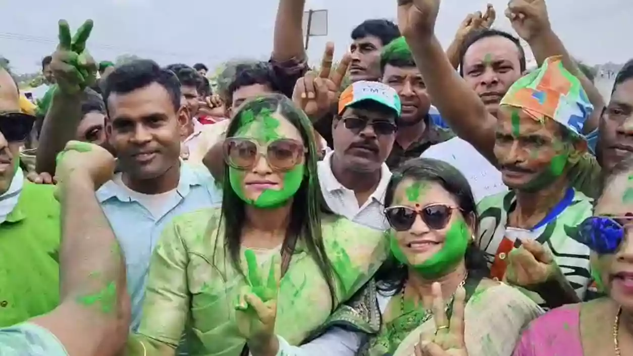 TMC supporters celebrate outside counting centre as Alifa leads in Kaliaganj by-poll