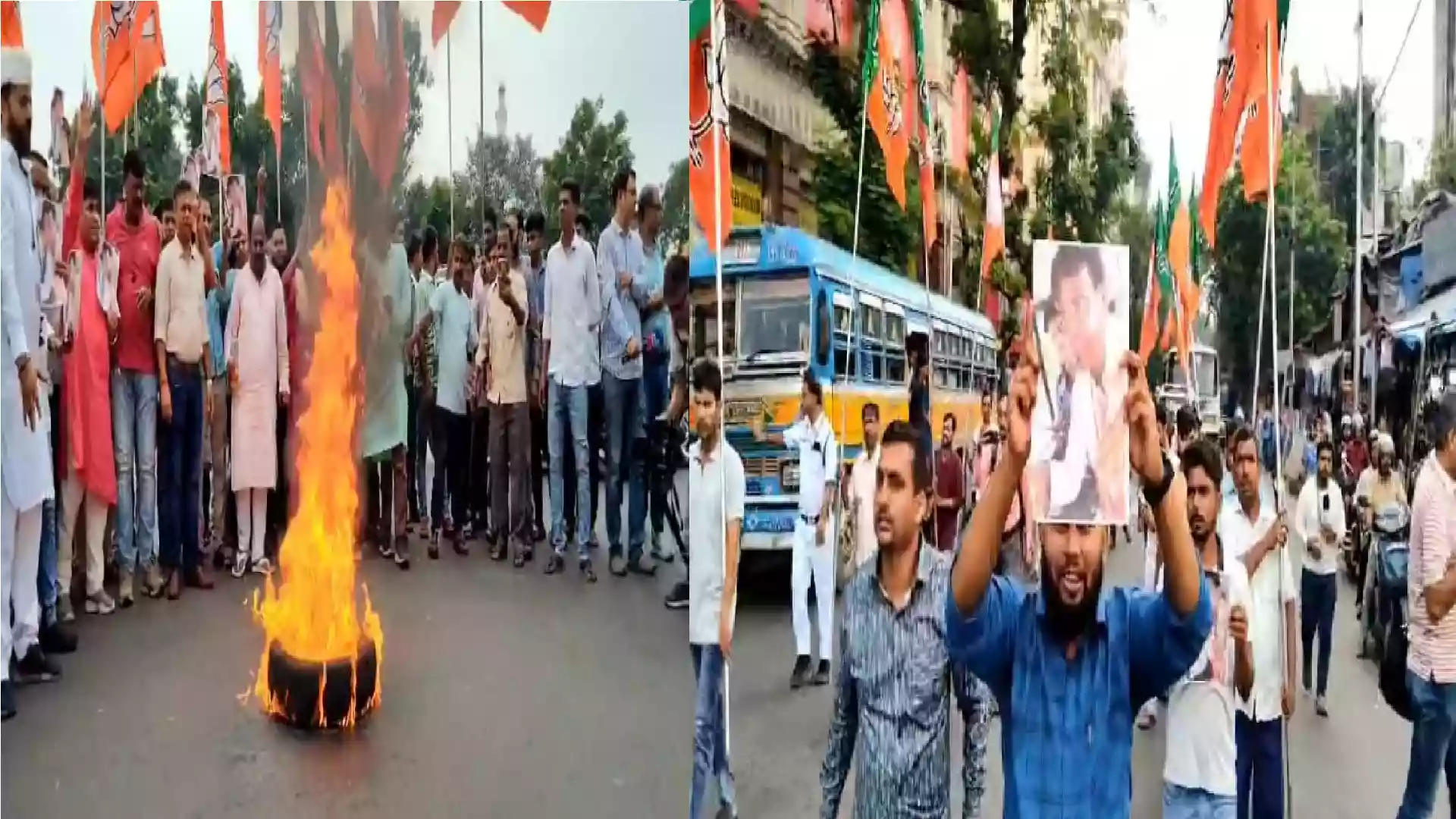 BJP burn tyres at Dharmatala in protest of attack on Khagen Murmu & Shankar Ghosh