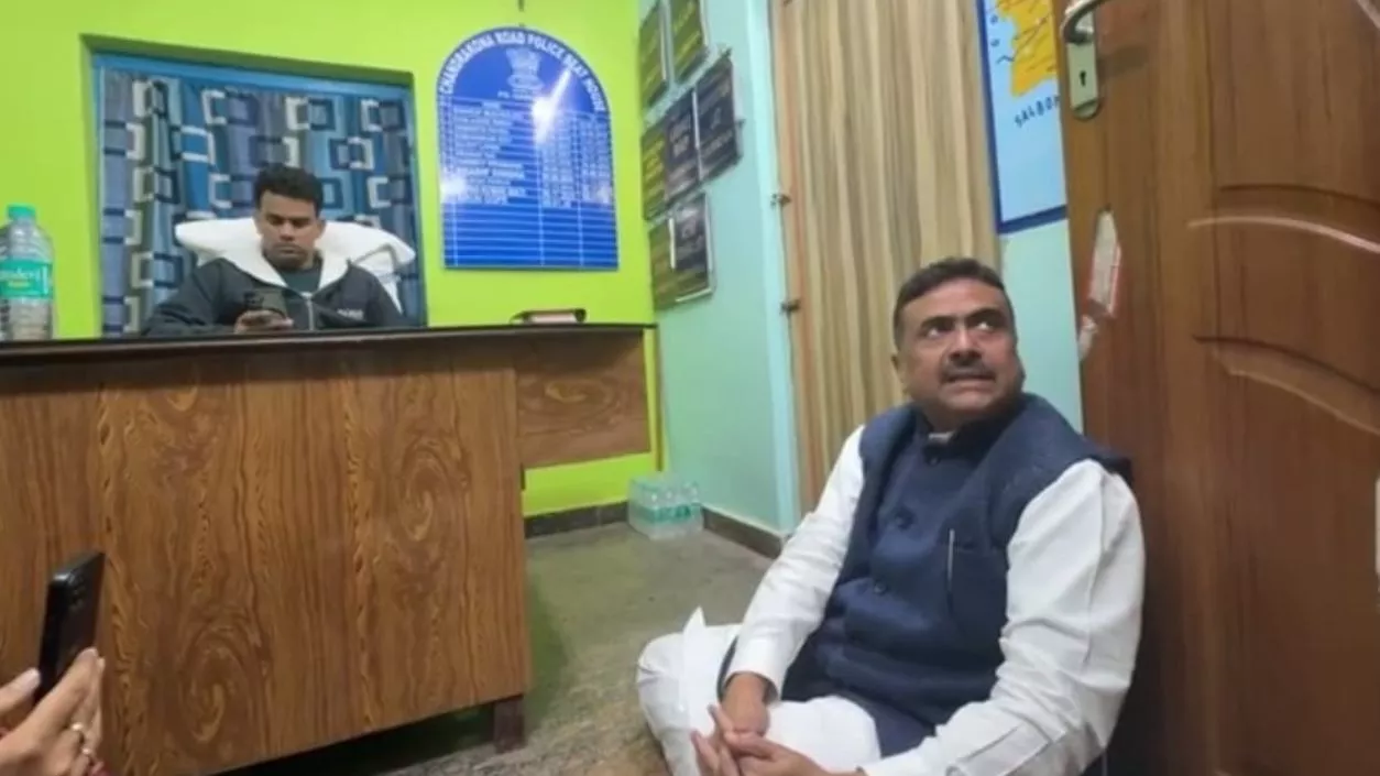 Suvendu Adhikari alleges attack by ‘TMC goons’ while returning from Purulia, sits on dharna at police station