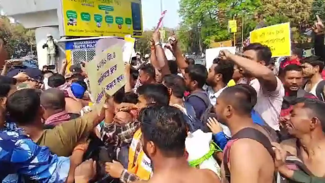 Civil Defence Disaster Mitra workers stage shirtless protest march to Bikash Bhavan over job demand