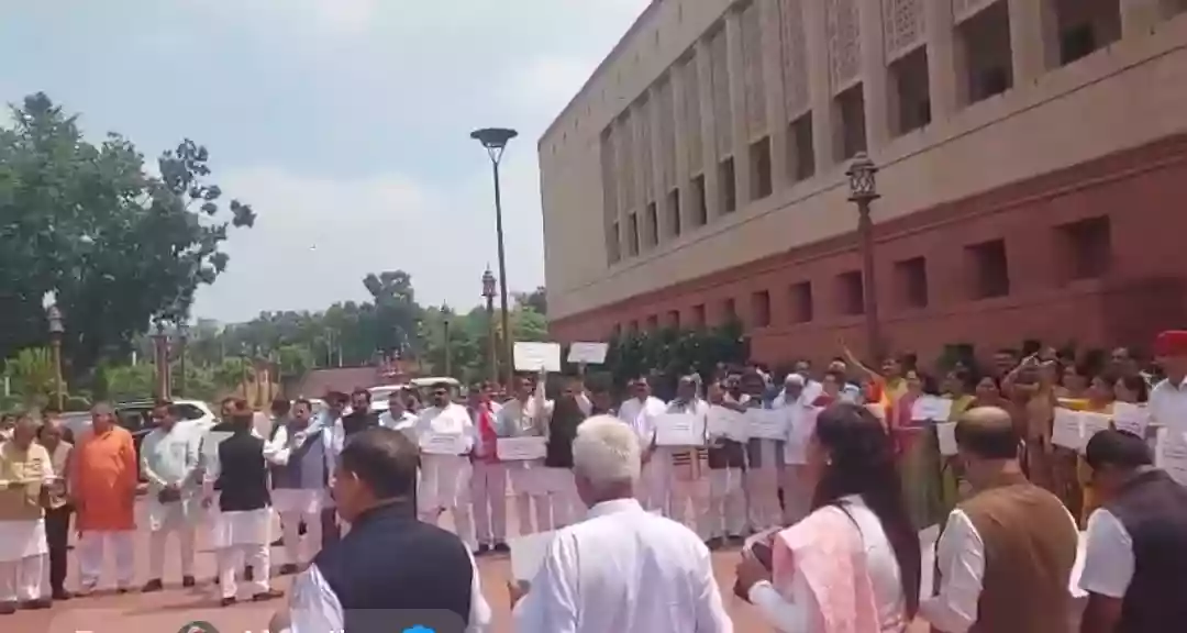 नीट मुद्दे पर संसद में घमासान, कांग्रेस के खिलाफ राजग सांसदों का प्रदर्शन